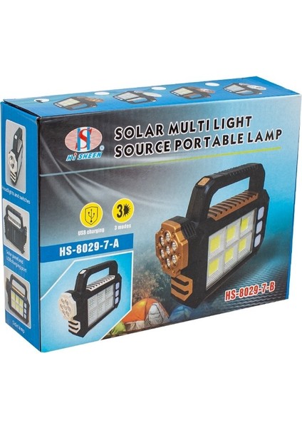 HS-8029-7-B 3 Çalışma Modlu 6 Cob Ledli Taşınabilir Solar Lamba Var Profesyonel El Fenerleri Beyaz