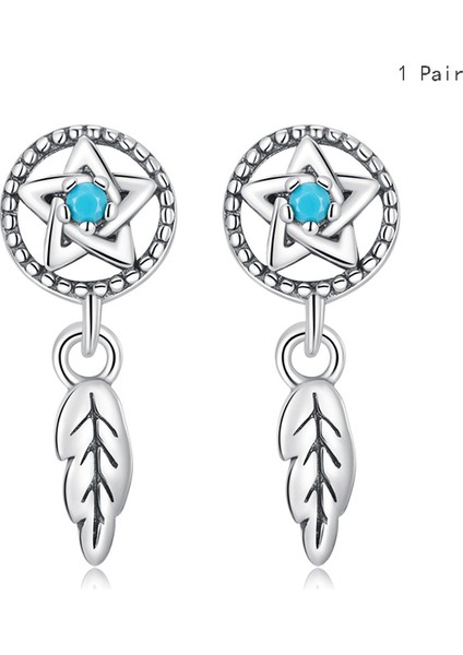 SCE1492 Bamoer Tek Küpe 925 Gümüş Klip Dreamcatcher Hollow Nazar Turkuaz Narin Basit Hipoalerjenik Kulak Takı Hediye (Yurt Dışından)