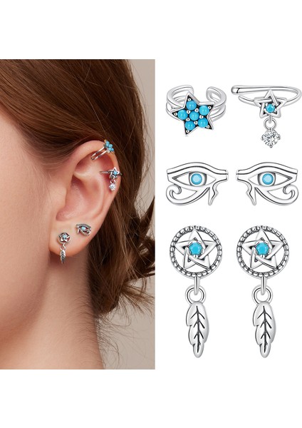 SCE1492 Bamoer Tek Küpe 925 Gümüş Klip Dreamcatcher Hollow Nazar Turkuaz Narin Basit Hipoalerjenik Kulak Takı Hediye (Yurt Dışından)