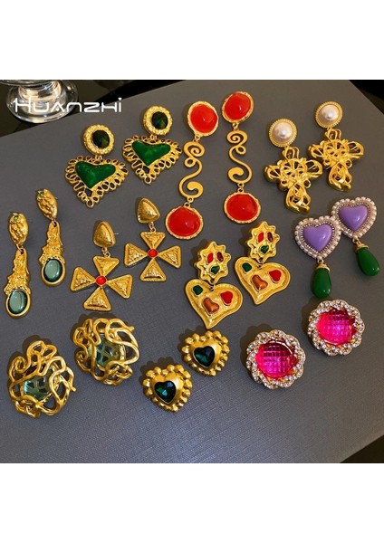 01 Huanzhı Retro Emaye Inci Çiçek Kalp Renkli Metal Kolye Küpe 2022 Yeni Kış Fransız Vintage Takı Pendientes Mujer (Yurt Dışından)