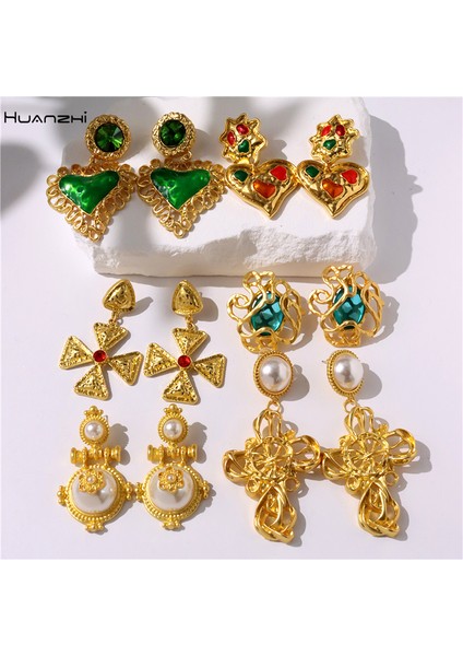 01 Huanzhı Retro Emaye Inci Çiçek Kalp Renkli Metal Kolye Küpe 2022 Yeni Kış Fransız Vintage Takı Pendientes Mujer (Yurt Dışından)