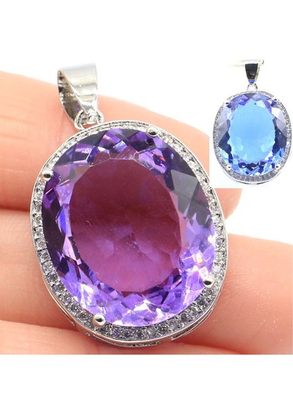 Alexandrite Kolye 40X21MM Büyük Oval Takı Seti 17.5g Renk Değiştiren Sultanite Alexandrite Topaz Gümüş Küpe Kolye Göz Alıcı (Yurt Dışından)