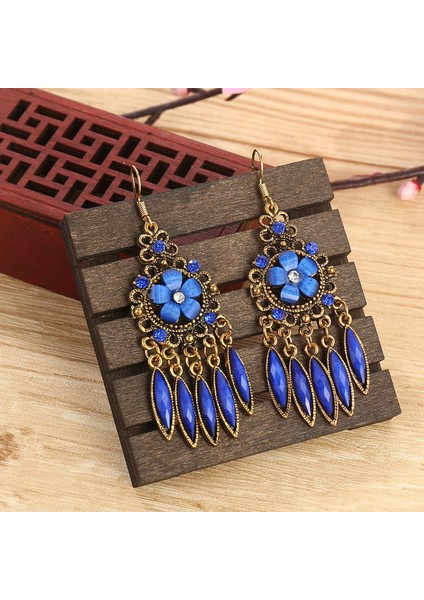 Mavi Vintage Püskül Küpe 2022 Kadın Etnik Tarzı Antik Bronz Renk Alaşım Hollow Out Reçine Çiçek Bohemia Dangle Küpe (Yurt Dışından)