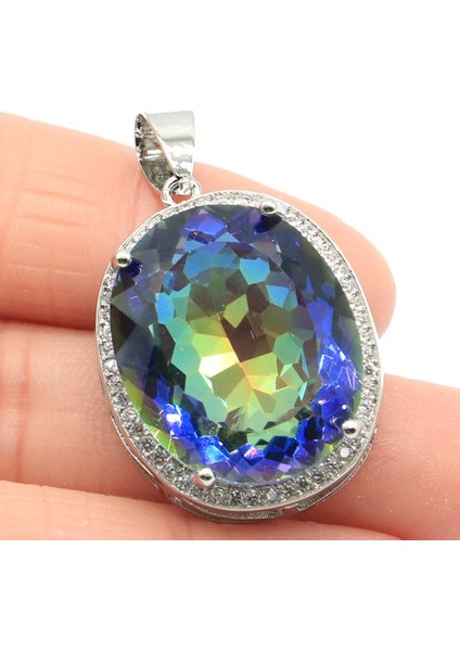 Mavi Mistik 40X21MM Büyük Oval Takı Seti 17.5g Renk Değiştiren Sultanit Alexandrite Topaz Gümüş Küpe Kolye Göz Alıcı (Yurt Dışından)