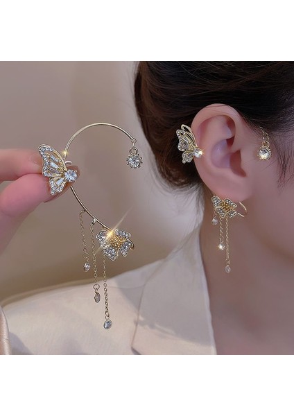 5534401 Sol Kelebek Kulak Klipsi Kulak Parlak Zirkon Altın Rengi Uzun Püskül Klip Manşet Hediye Kadınlar Için Piercing Küpe Moda Takı (Yurt Dışından) fırsatları
