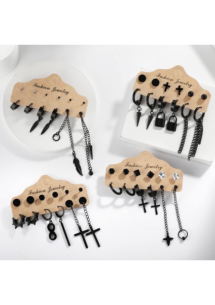 Stil 10-(8mm) 2 Parça Paslanmaz Çelik Siyah Saplama Küpe Çapraz Dangle Küpe Seti Küçük Hoop Huggie Küpe Moda Piercing Takı (Yurt Dışından) indirimleri