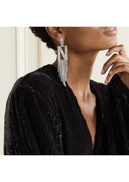 Gümüş Avrupa ve Amerikan Uzun Püskül 26 Ingilizce Mektup Kolye Küpe Kadın Moda Takı Bildirimi Için Uygun Parlak Kristal (Yurt Dışından)