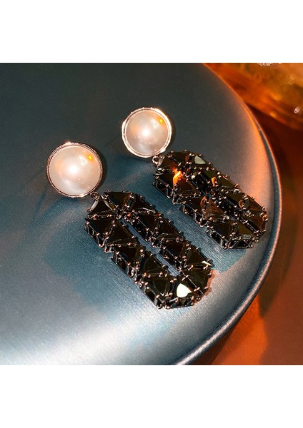 Siyah 5 cm Moda Inci Zirkonya Oval Geometrik Damla Dangle Küpe Kadınlar Için Bildirimi Yeni Beyaz Siyah Küpe (Yurt Dışından)