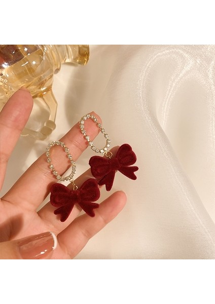 Kırmızı Ilmek Küpe Inci Ilmek Dangle Küpe Kadınlar Için Fransız Vintage Kırmızı Gül Çiçek Ilmek Inci Sonbahar Kış Festivali Takı Aksesuarları (Yurt Dışından)