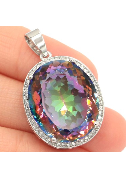 Pembe Mistik 40X21MM Büyük Oval Takı Seti 17.5g Renk Değiştiren Sultanit Alexandrite Topaz Gümüş Küpe Kolye Göz Alıcı (Yurt Dışından)
