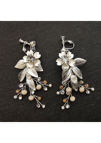 2113 Gümüş Slbrıdal El Yapımı Rhinestones Kristaller Inciler Klipsli/kulak Pin Düğün Dangle Küpe Gelin Avize Küpe Kadın Takı (Yurt Dışından)