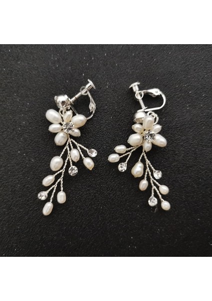 2113 Gümüş Slbrıdal El Yapımı Rhinestones Kristaller Inciler Klipsli/kulak Pin Düğün Dangle Küpe Gelin Avize Küpe Kadın Takı (Yurt Dışından) indirimleri
