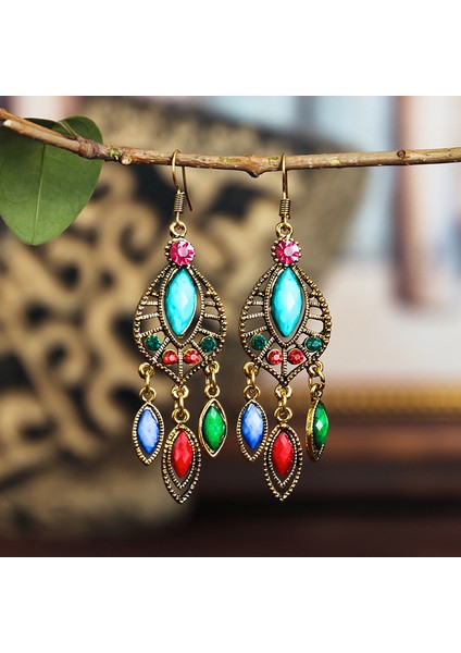Çok Renkli Bohem Etnik Kadın Küpe 2021 Vintage Oymak Alaşım Reçine Taklidi Dangle Küpe Hint Takı (Yurt Dışından)