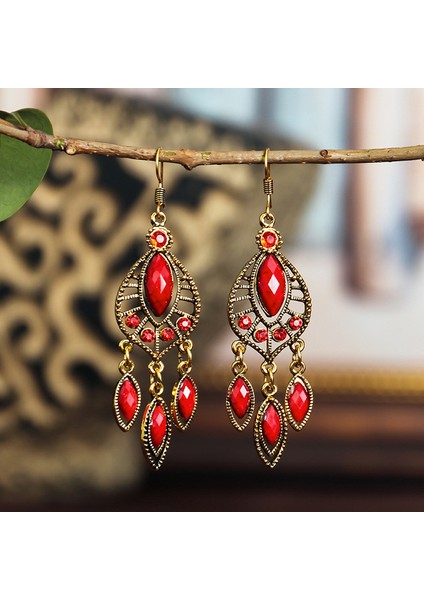 Kırmızı Bohemian Etnik Kadın Küpe 2021 Vintage Oymak Alaşım Reçine Taklidi Dangle Küpe Hint Takı (Yurt Dışından)