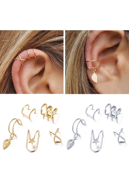 E866YIN Kulak Manşetleri Yaprak Yıldız Klip Yüzük Küpe Kadınlar Için Hiçbir Piercing Sahte Kıkırdak Küpe Çıtçıt Kulak Damızlık Seti Klip Manşet (Yurt Dışından) indirimleri