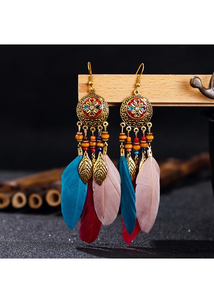 Koyu Çok Renkli Uzun Tüy Küpe Kadınlar Için 2022 Trendy Boho Tasarım Modern Stil Oyma Yaprak Vintage Bohem Püskül Küpe (Yurt Dışından)