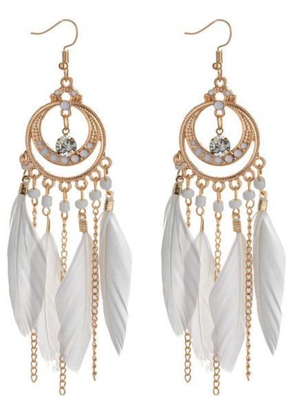 Beyaz Uzun Tüy Küpe Kadınlar Için 2022 Trendy Boho Tasarım Modern Stil Oyma Yaprak Vintage Bohemian Püskül Küpe (Yurt Dışından)