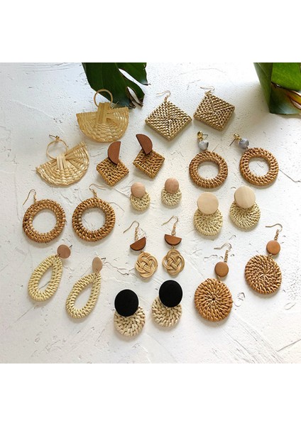 18 El Yapımı Bohemian Ahşap Rattan Hasır Hasır Damla Küpe Kadın Kızlar Için Vintage Geometrik Bildirimi Küpe (Yurt Dışından)