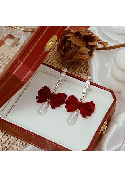 Kırmızı Çiçek Küpe Inci Ilmek Dangle Küpe Kadınlar Için Fransız Vintage Kırmızı Gül Çiçek Ilmek Inci Sonbahar Kış Festivali Takı Aksesuarları (Yurt Dışından) fiyatları