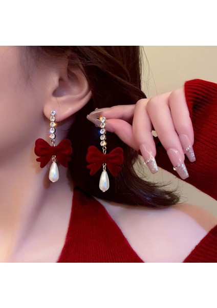 Kırmızı Çiçek Küpe Inci Ilmek Dangle Küpe Kadınlar Için Fransız Vintage Kırmızı Gül Çiçek Ilmek Inci Sonbahar Kış Festivali Takı Aksesuarları (Yurt Dışından) modelleri