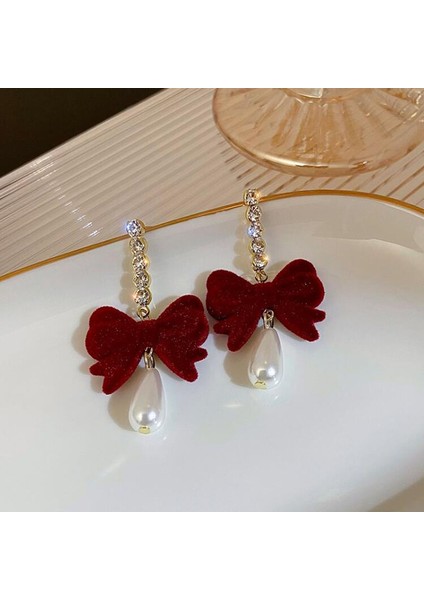 Kırmızı Çiçek Küpe Inci Ilmek Dangle Küpe Kadınlar Için Fransız Vintage Kırmızı Gül Çiçek Ilmek Inci Sonbahar Kış Festivali Takı Aksesuarları (Yurt Dışından) indirimleri