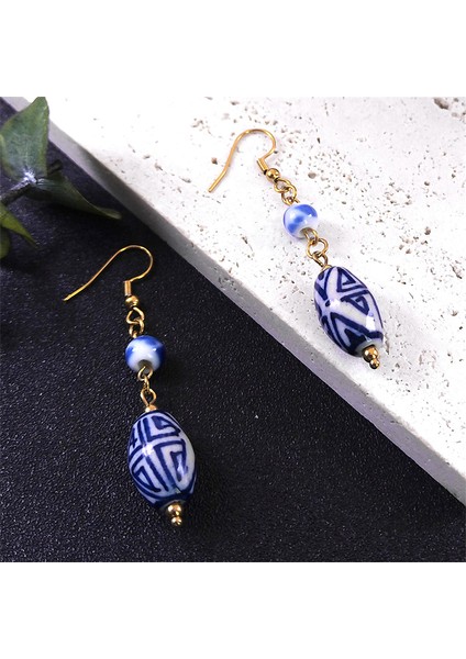 Bir Gd El Yapımı Çin Tarzı Mavi ve Beyaz Porselen Dangle Küpe Paslanmaz Çelik Seramik Boncuk Kadın Damla Küpe Takı LS10S01 (Yurt Dışından) fiyatları