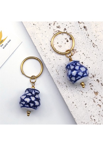 Bir Gd El Yapımı Çin Tarzı Mavi ve Beyaz Porselen Dangle Küpe Paslanmaz Çelik Seramik Boncuk Kadın Damla Küpe Takı LS10S01 (Yurt Dışından) modelleri