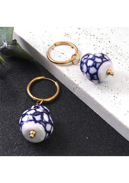 Bir Gd El Yapımı Çin Tarzı Mavi ve Beyaz Porselen Dangle Küpe Paslanmaz Çelik Seramik Boncuk Kadın Damla Küpe Takı LS10S01 (Yurt Dışından) fırsatları
