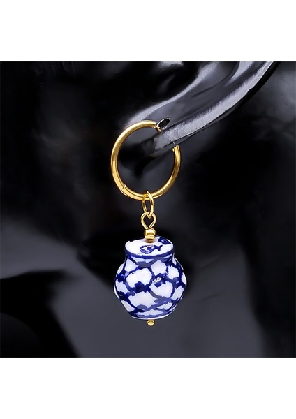 Bir Gd El Yapımı Çin Tarzı Mavi ve Beyaz Porselen Dangle Küpe Paslanmaz Çelik Seramik Boncuk Kadın Damla Küpe Takı LS10S01 (Yurt Dışından) indirimleri