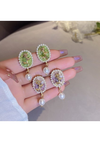 Çiçek Küpe 7 Monet Gül Yeşil Çiçek Inci Oval Dangle Küpe Kadınlar Için Fransız Retro Zarif Süper Peri Mizaç 2022 Trend Takı (Yurt Dışından)