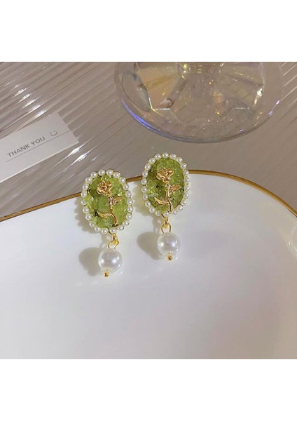 Çiçek Küpe 7 Monet Gül Yeşil Çiçek Inci Oval Dangle Küpe Kadınlar Için Fransız Retro Zarif Süper Peri Mizaç 2022 Trend Takı (Yurt Dışından)