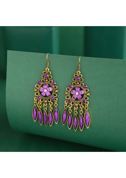Mor Vintage Püskül Küpe 2022 Kadın Etnik Tarzı Antik Bronz Renk Alaşım Hollow Out Reçine Çiçek Bohemia Dangle Küpe (Yurt Dışından)