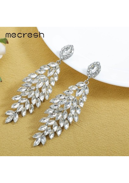 MEH1738-CLEAR Mecresh Lüks Yapraklar Uzun Damla Küpe Kadınlar Için Gümüş Renk Kristal Asılı Dangle Küpe Düğün Kore Takı MEH946 (Yurt Dışından)
