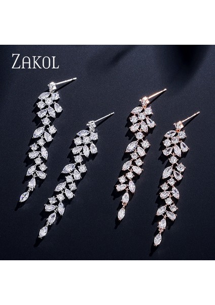 Gül Altın D Zakol Moda Kübik Zirkonya Yaprak Uzun Dangle Küpe Zarif Kadınlar Için Beyaz Yapraklar Damla Küpe Gelin Düğün Takı Hediyeler (Yurt Dışından)