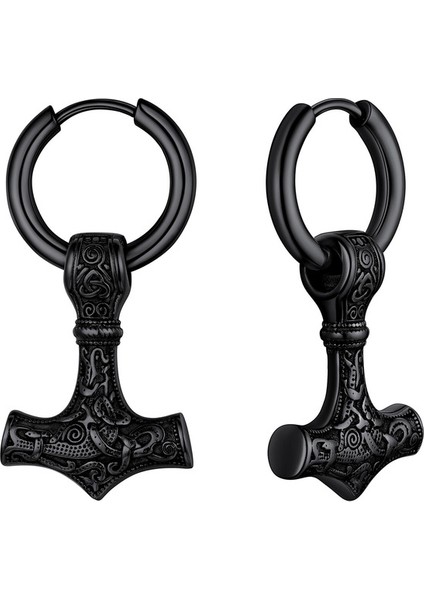 Siyah Gun Kaplama U7 Unisex Viking Küpe Paslanmaz Çelik Iskandinav Mitolojisinde Thor Çekiç Muska Kulak Damlası Hoop Küpe Erkek Punk Takı Hediye Için (Yurt Dışından)
