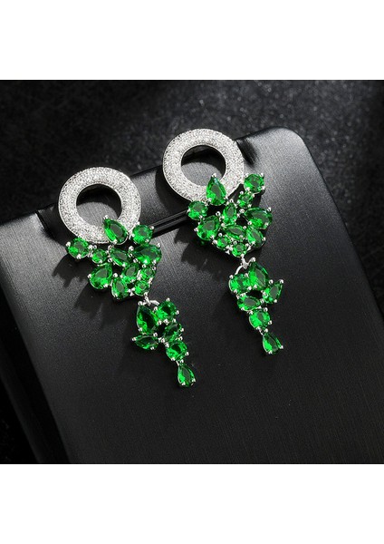 Yeşil Uilz Vintage Çiçek Şekli Aaa + Kübik Zirkon Lüks Mikro Kaplamalı Kristal Yuvarlak Düğün Dangle Küpe Gelin Kadınlar Için (Yurt Dışından)