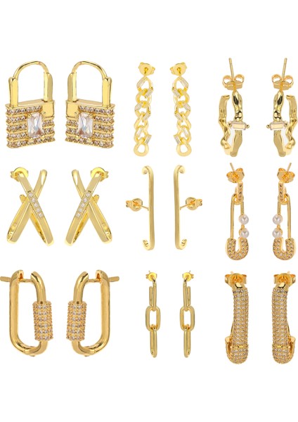 E153 Moda Altın Renk Kilit Şekli Zincir Küpe Kadın Erkek Bildirimi Aaa + Cz Emniyet Pimi Düğme Küpe Parti Takı (Yurt Dışından) fiyatları