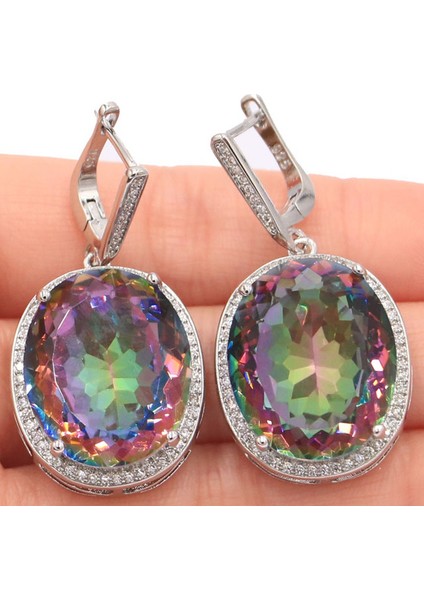Pembe Mistik 40X21MM Büyük Oval Takı Seti 17.5g Renk Değiştiren Sultanit Alexandrite Topaz Gümüş Küpe Kolye Göz Alıcı (Yurt Dışından)