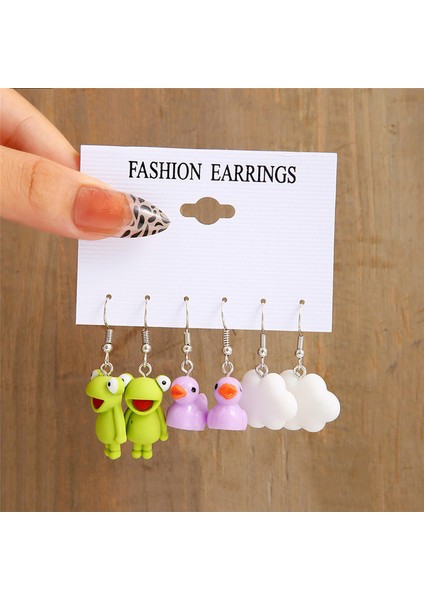 Set 7 5 Takım Trendy Hayvan Kurbağa Ördek Dangle Küpe Bulutlar Sakızlı Ayı Damla Küpe Geometrik Abartılı Kadın Kız Çocuklar Punk Takı (Yurt Dışından)