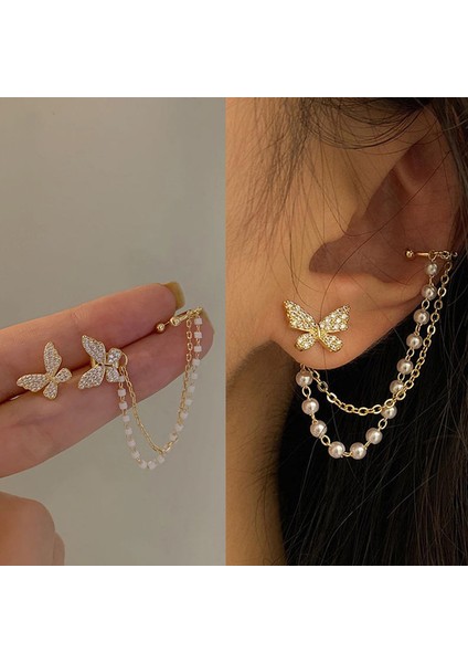 F Sol Kelebek Kulak Klipleri Altın Gümüş Renk Küpe Piercing Olmadan Kadın Köpüklü Zirkon Kulak Manşet Klip Küpe Düğün Takı (Yurt Dışından) fırsatları