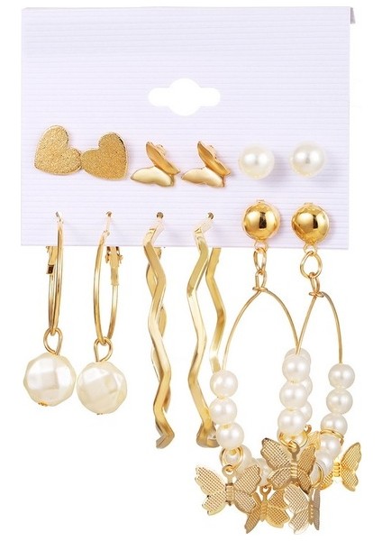 Set 19 6 Çift Inci Damla Küpe Seti Büyük Daire Piercing Kalp Kelebek Hoop Küpe Kadınlar Kız Için Sevimli Kulak Çıtçıt Toka Takı (Yurt Dışından)