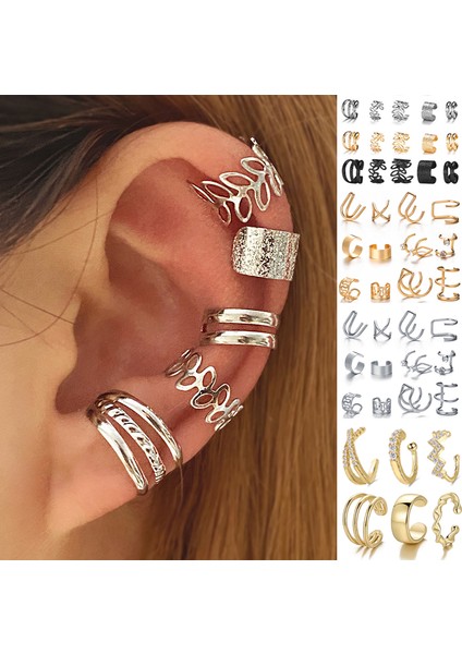 No.7 5421402 Altın Gümüş Renk Yapraklar Kulak Manşet Delmeden Kulak Klipleri Set Kelebek Küpe Kadınlar Için Trendy Küpe Inci Damla Takı (Yurt Dışından)