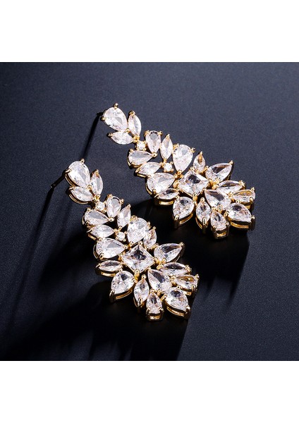 Altın Uilz Vintage Çiçek Şekli Aaa + Kübik Zirkon Lüks Mikro Kaplamalı Kristal Yuvarlak Düğün Dangle Küpe Gelin Kadınlar Için (Yurt Dışından)