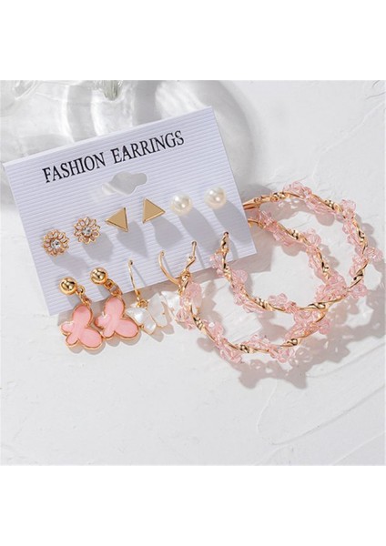 17 Moda Pembe Kelebek Çiçek Kristal Inci Küpeler Kadınlar Için Set Sevimli Trendy Kalp Geometrik Altın Renk Küpe Parti Takı (Yurt Dışından)