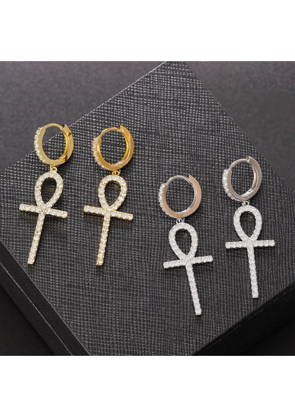 KBE151-2 Hip Hop Ankh Dangle Hoop Küpe Erkekler Için Kaya Punk Aksesuarları Buzlu Out Zirkon Delici Klipsli Küpe Moda Takı OHE111 (Yurt Dışından) modelleri