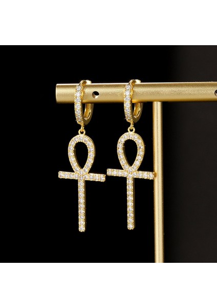 KBE151-2 Hip Hop Ankh Dangle Hoop Küpe Erkekler Için Kaya Punk Aksesuarları Buzlu Out Zirkon Delici Klipsli Küpe Moda Takı OHE111 (Yurt Dışından) fırsatları