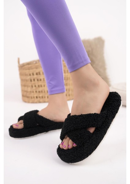 HAVLU Çapraz Kadın Ev Terliği Kışlık Terlik Ses Yapmaz