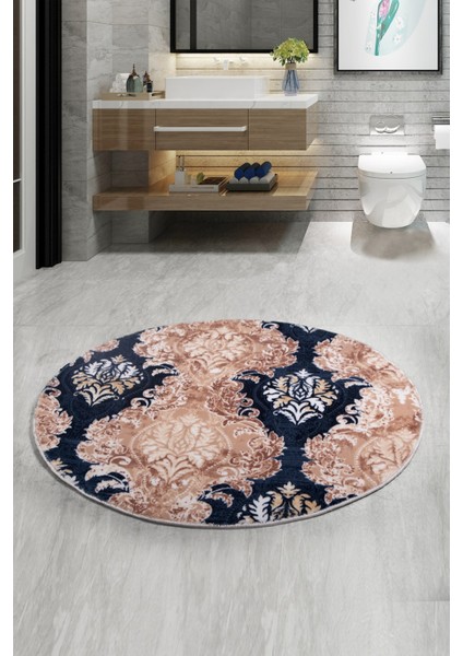 Şark Mavi Yuvarlak 120X120 cm Banyo Paspası Kaymaz Taban Yıkanabilir Banyo Halısı