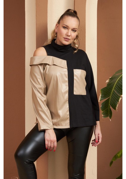 Deri Garnili Vizon Büyük Beden Sweatshirt