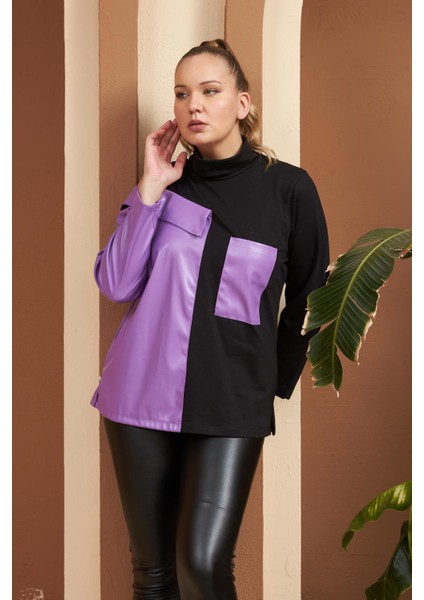 Deri Garnili Mor Büyük Beden Sweatshirt modelleri